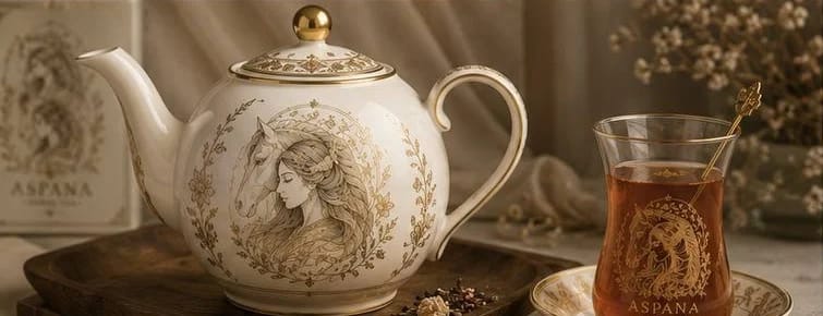 قوری چینی با درب طلایی و استکان کمرباریک
